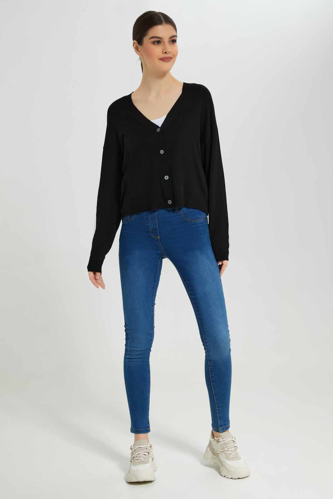 Redtag-Black-Button-Front-V-Neck-Cardigan-Category:Cardigans,-Colour:Black,-Deals:New-In,-Filter:Women's-Clothing,-New-In-Women-APL,-Non-Sale,-Section:Women,-TBL,-W22B,-Women-Cardigans-Women's-
