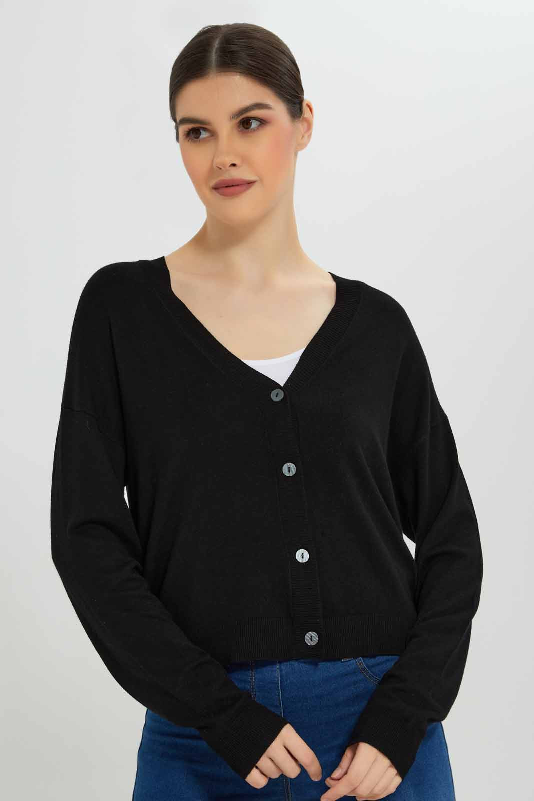 Redtag-Black-Button-Front-V-Neck-Cardigan-Category:Cardigans,-Colour:Black,-Deals:New-In,-Filter:Women's-Clothing,-New-In-Women-APL,-Non-Sale,-Section:Women,-TBL,-W22B,-Women-Cardigans-Women's-