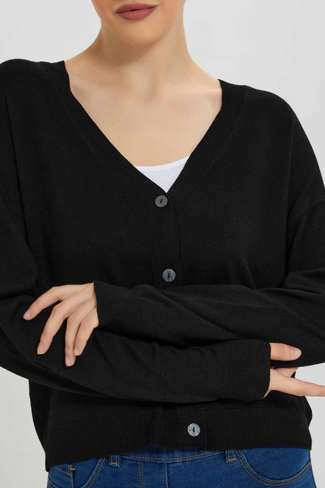 Redtag-Black-Button-Front-V-Neck-Cardigan-Category:Cardigans,-Colour:Black,-Deals:New-In,-Filter:Women's-Clothing,-New-In-Women-APL,-Non-Sale,-Section:Women,-TBL,-W22B,-Women-Cardigans-Women's-