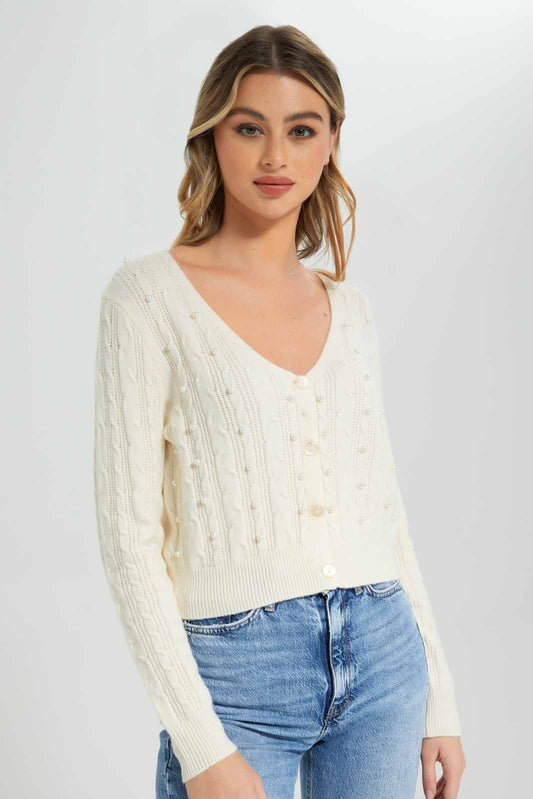 Redtag-Ivory-Embellished-Cable-Knit-Cardigan-Category:Cardigans,-Colour:Ivory,-Deals:New-In,-Filter:Women's-Clothing,-New-In-Women-APL,-Non-Sale,-Section:Women,-W22B,-Women-Cardigans-Women's-