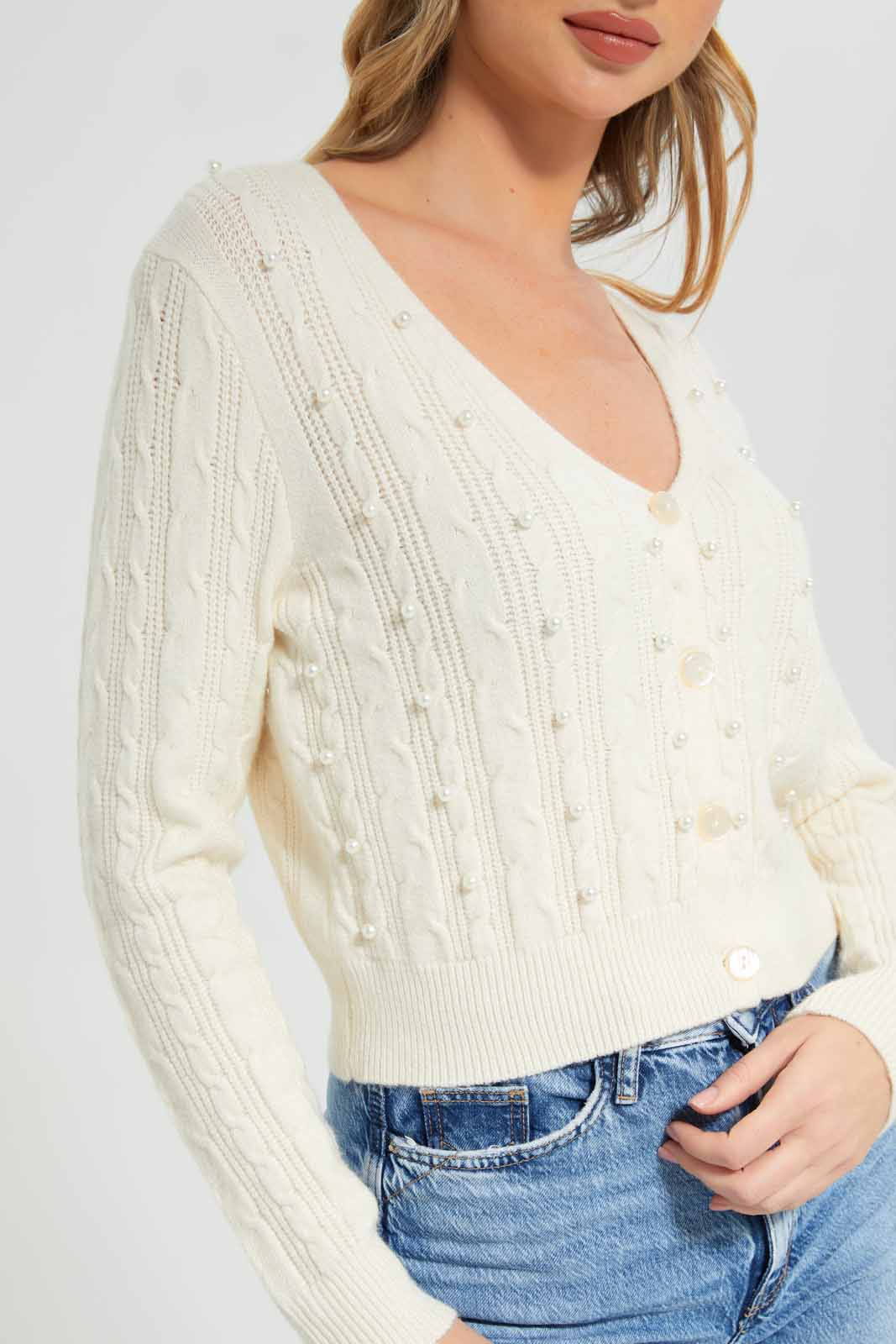 Redtag-Ivory-Embellished-Cable-Knit-Cardigan-Category:Cardigans,-Colour:Ivory,-Deals:New-In,-Filter:Women's-Clothing,-New-In-Women-APL,-Non-Sale,-Section:Women,-W22B,-Women-Cardigans-Women's-
