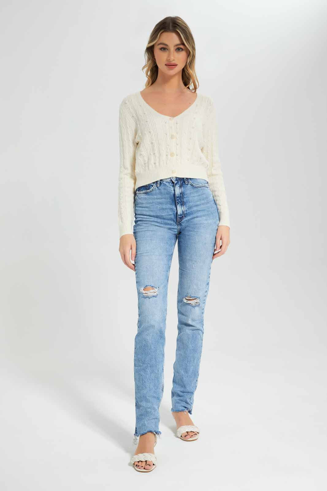 Redtag-Ivory-Embellished-Cable-Knit-Cardigan-Category:Cardigans,-Colour:Ivory,-Deals:New-In,-Filter:Women's-Clothing,-New-In-Women-APL,-Non-Sale,-Section:Women,-W22B,-Women-Cardigans-Women's-