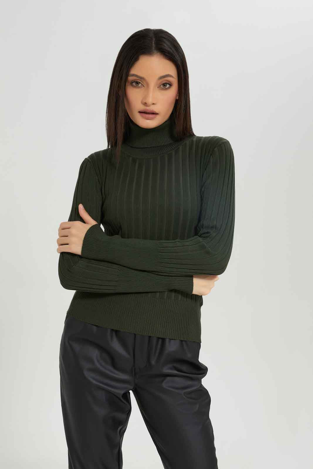 Redtag-Olive-Rib-Solid-High-NeckPullover-Category:Pullovers,-Colour:Olive,-Deals:New-In,-Dept:Ladieswear,-Filter:Women's-Clothing,-New-In-Women-APL,-Non-Sale,-Section:Women,-TBL,-W22B,-Women-Pullovers-Women's-