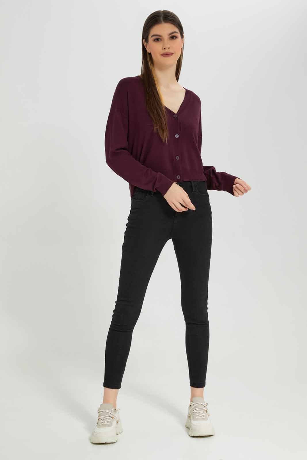 Redtag-Burgundy-Button-Front-V-Neck-Cardigan-Category:Cardigans,-Colour:Burgundy,-Deals:New-In,-Filter:Women's-Clothing,-New-In-Women-APL,-Non-Sale,-Section:Women,-TBL,-W22B,-Women-Cardigans-Women's-