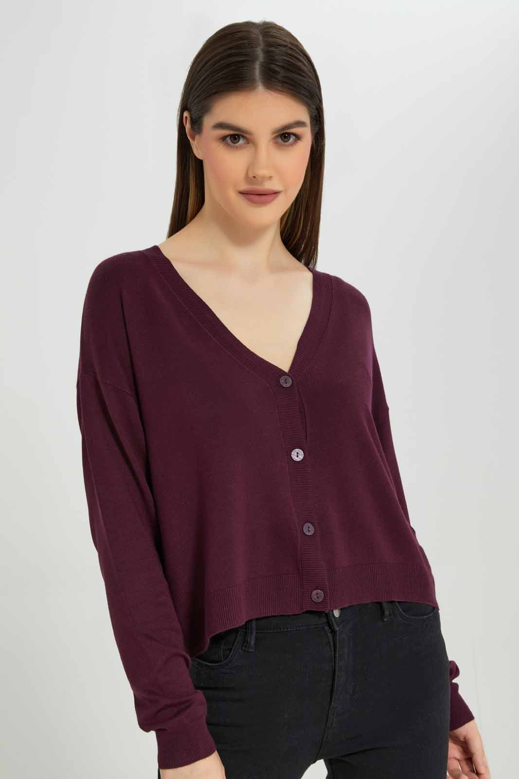 Redtag-Burgundy-Button-Front-V-Neck-Cardigan-Category:Cardigans,-Colour:Burgundy,-Deals:New-In,-Filter:Women's-Clothing,-New-In-Women-APL,-Non-Sale,-Section:Women,-TBL,-W22B,-Women-Cardigans-Women's-