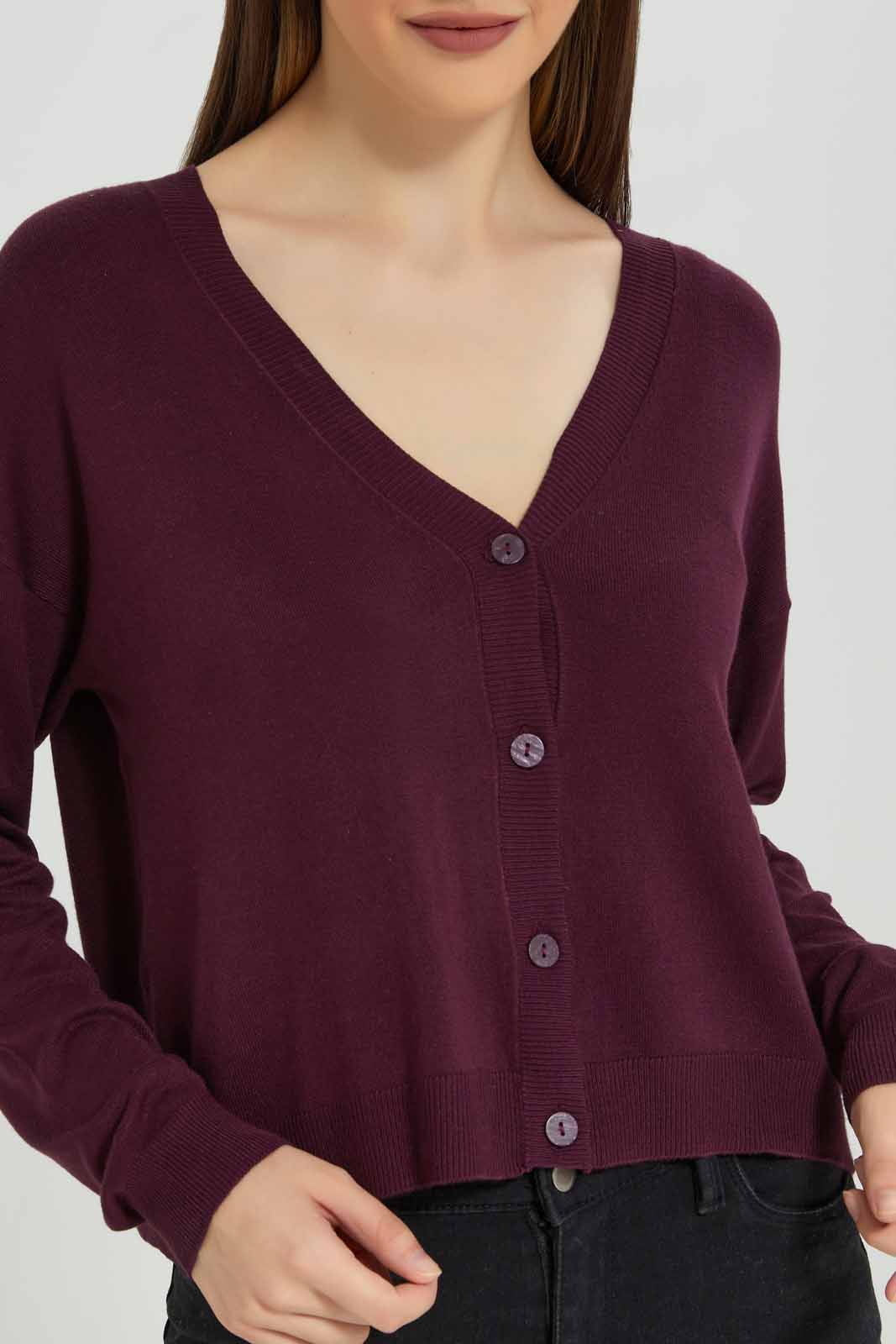 Redtag-Burgundy-Button-Front-V-Neck-Cardigan-Category:Cardigans,-Colour:Burgundy,-Deals:New-In,-Filter:Women's-Clothing,-New-In-Women-APL,-Non-Sale,-Section:Women,-TBL,-W22B,-Women-Cardigans-Women's-