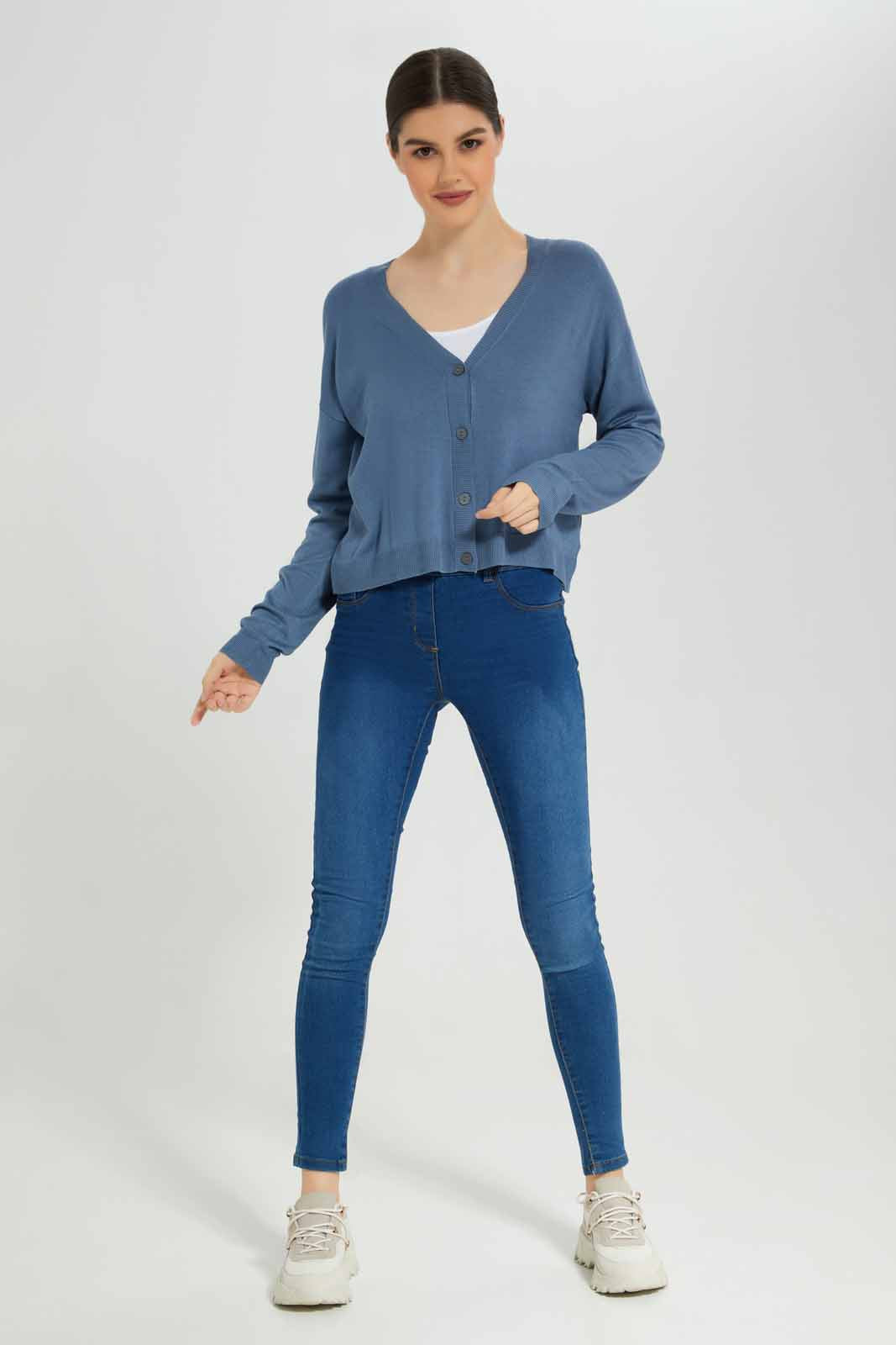 Redtag-Blue-Button-Front-V-Neck-Cardigan-Category:Cardigans,-Colour:Blue,-Deals:New-In,-Filter:Women's-Clothing,-New-In-Women-APL,-Non-Sale,-Section:Women,-TBL,-W22B,-Women-Cardigans-Women's-