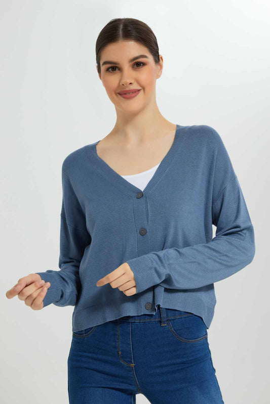 Redtag-Blue-Button-Front-V-Neck-Cardigan-Category:Cardigans,-Colour:Blue,-Deals:New-In,-Filter:Women's-Clothing,-New-In-Women-APL,-Non-Sale,-Section:Women,-TBL,-W22B,-Women-Cardigans-Women's-