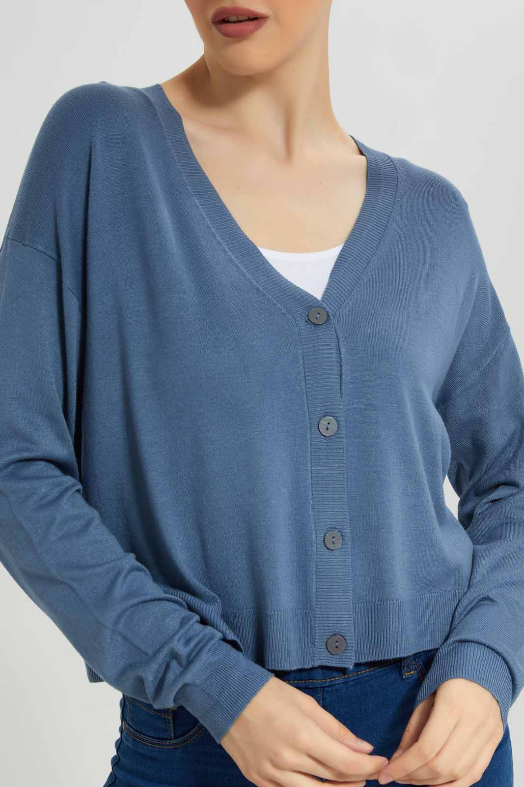 Redtag-Blue-Button-Front-V-Neck-Cardigan-Category:Cardigans,-Colour:Blue,-Deals:New-In,-Filter:Women's-Clothing,-New-In-Women-APL,-Non-Sale,-Section:Women,-TBL,-W22B,-Women-Cardigans-Women's-