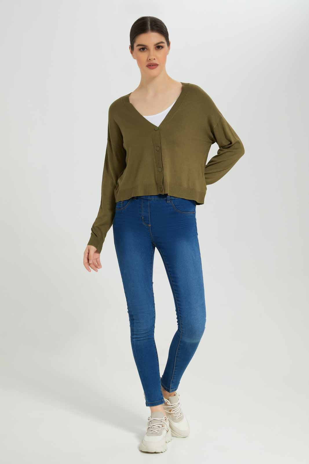 Redtag-Olive-Button-Front-V-Neck-Cardigan-Category:Cardigans,-Colour:Olive,-Deals:New-In,-Filter:Women's-Clothing,-New-In-Women-APL,-Non-Sale,-Section:Women,-TBL,-W22B,-Women-Cardigans-Women's-
