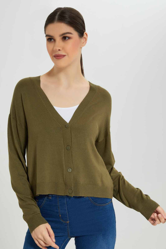 Redtag-Olive-Button-Front-V-Neck-Cardigan-Category:Cardigans,-Colour:Olive,-Deals:New-In,-Filter:Women's-Clothing,-New-In-Women-APL,-Non-Sale,-Section:Women,-TBL,-W22B,-Women-Cardigans-Women's-