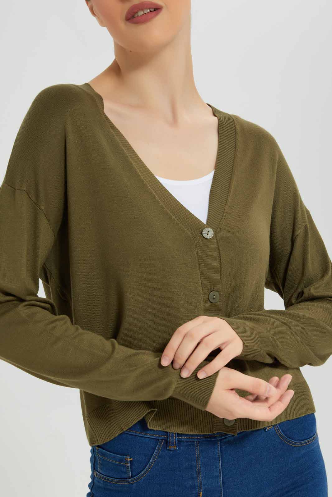 Redtag-Olive-Button-Front-V-Neck-Cardigan-Category:Cardigans,-Colour:Olive,-Deals:New-In,-Filter:Women's-Clothing,-New-In-Women-APL,-Non-Sale,-Section:Women,-TBL,-W22B,-Women-Cardigans-Women's-