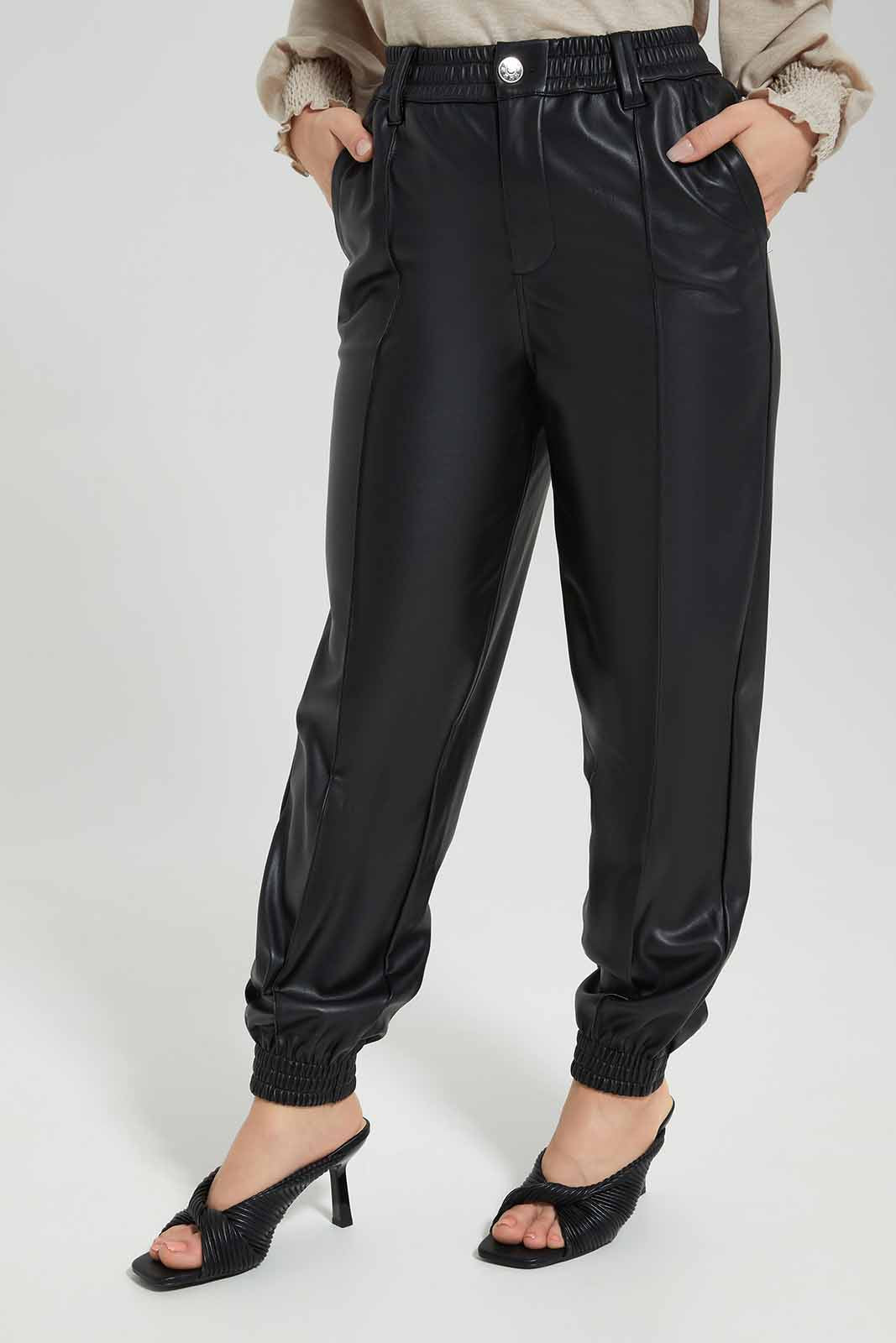 Redtag-Black-PU-Elasticated-Waist-Jogger-Category:Trousers,-Colour:Black,-Deals:New-In,-Filter:Women's-Clothing,-LMC,-Modest,-New-In-Women-APL,-Non-Sale,-Section:Women,-W22B,-Women-Trousers--
