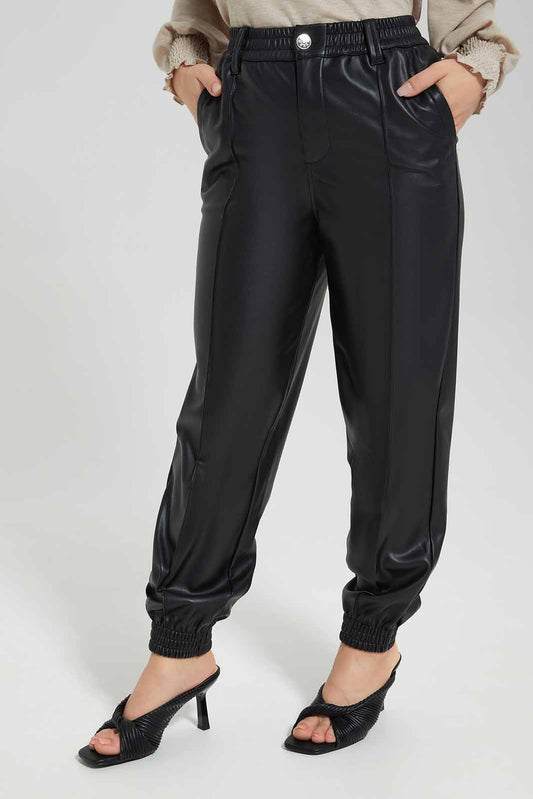 Redtag-Black-PU-Elasticated-Waist-Jogger-Category:Trousers,-Colour:Black,-Deals:New-In,-Filter:Women's-Clothing,-LMC,-Modest,-New-In-Women-APL,-Non-Sale,-Section:Women,-W22B,-Women-Trousers--