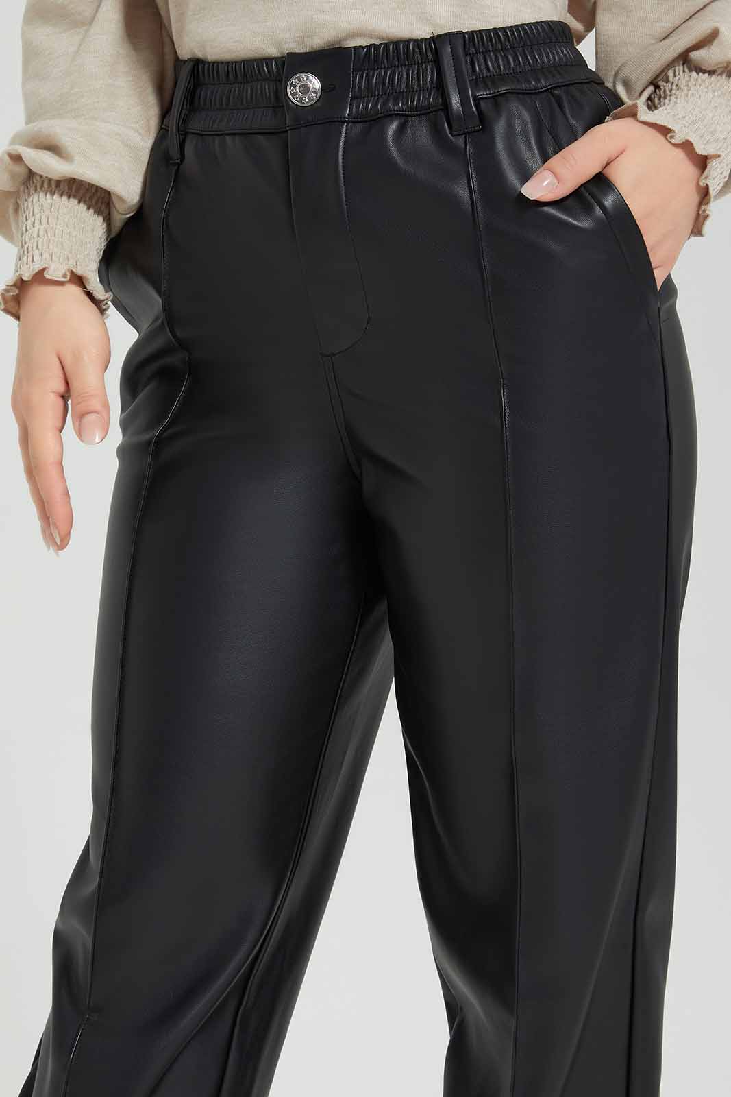 Redtag-Black-PU-Elasticated-Waist-Jogger-Category:Trousers,-Colour:Black,-Deals:New-In,-Filter:Women's-Clothing,-LMC,-Modest,-New-In-Women-APL,-Non-Sale,-Section:Women,-W22B,-Women-Trousers--