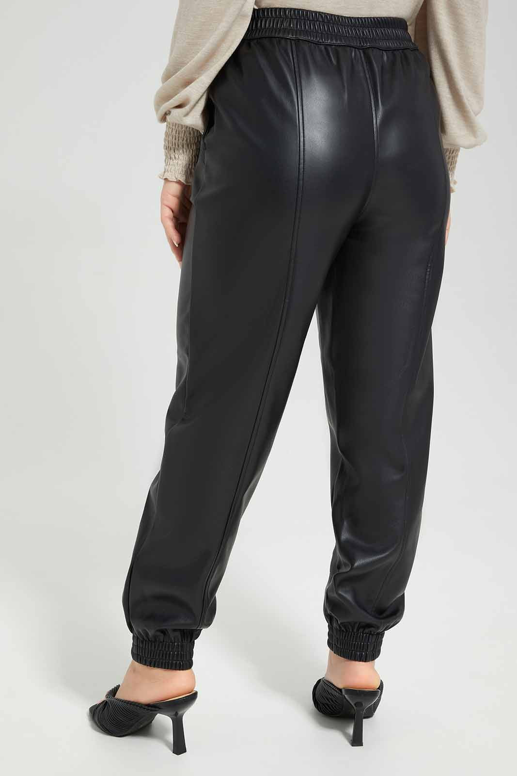 Redtag-Black-PU-Elasticated-Waist-Jogger-Category:Trousers,-Colour:Black,-Deals:New-In,-Filter:Women's-Clothing,-LMC,-Modest,-New-In-Women-APL,-Non-Sale,-Section:Women,-W22B,-Women-Trousers--
