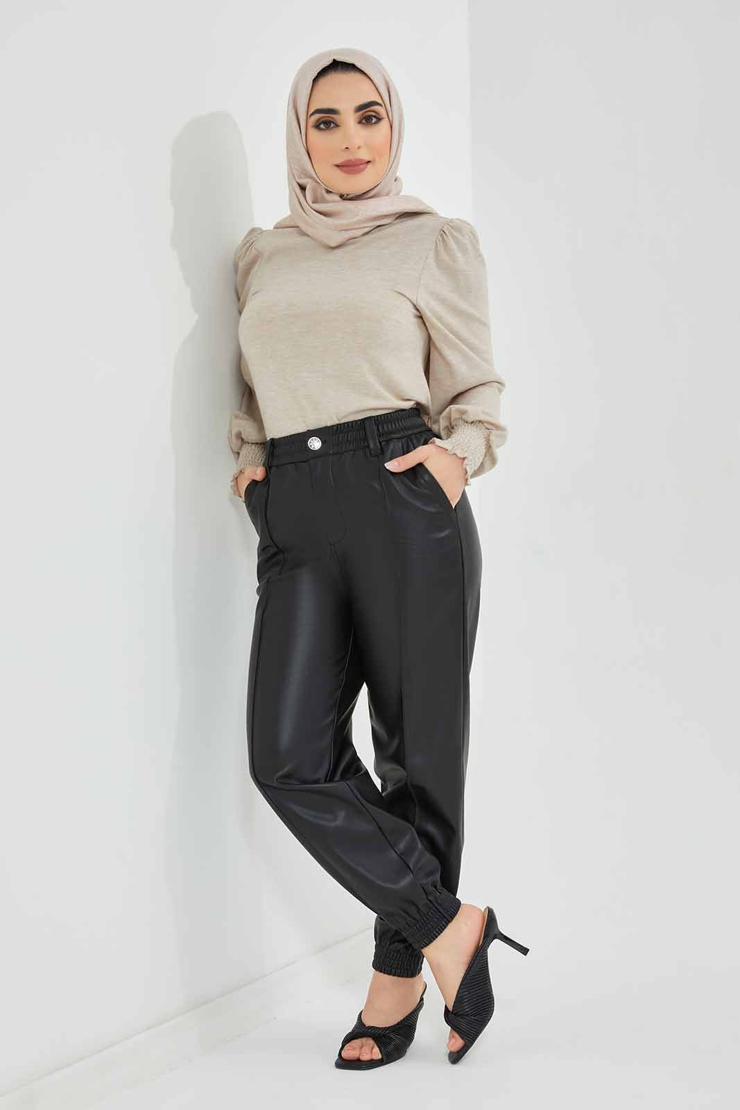 Redtag-Black-PU-Elasticated-Waist-Jogger-Category:Trousers,-Colour:Black,-Deals:New-In,-Filter:Women's-Clothing,-LMC,-Modest,-New-In-Women-APL,-Non-Sale,-Section:Women,-W22B,-Women-Trousers--