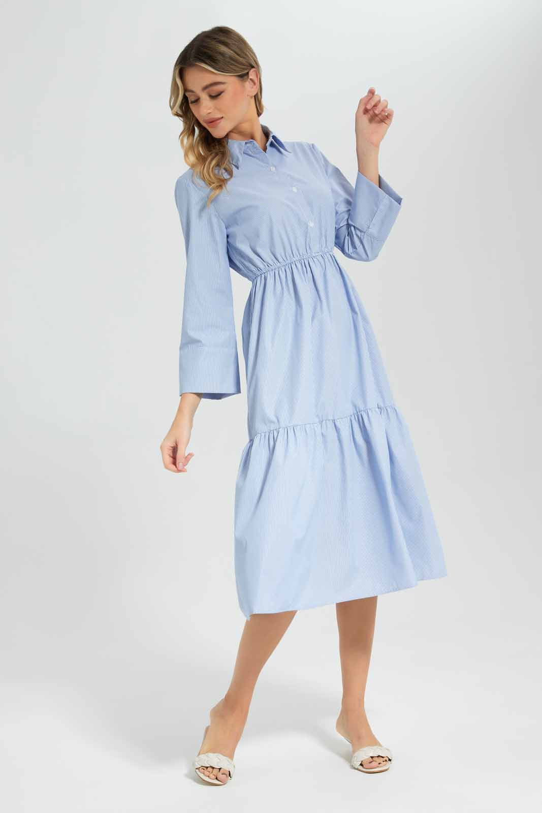 Redtag-Striped-Tiered-Dress-Category:Dresses,-Colour:Blue,-Deals:New-In,-Filter:Women's-Clothing,-New-In-Women-APL,-Non-Sale,-Section:Women,-W22A,-Women-Dresses-Women's-