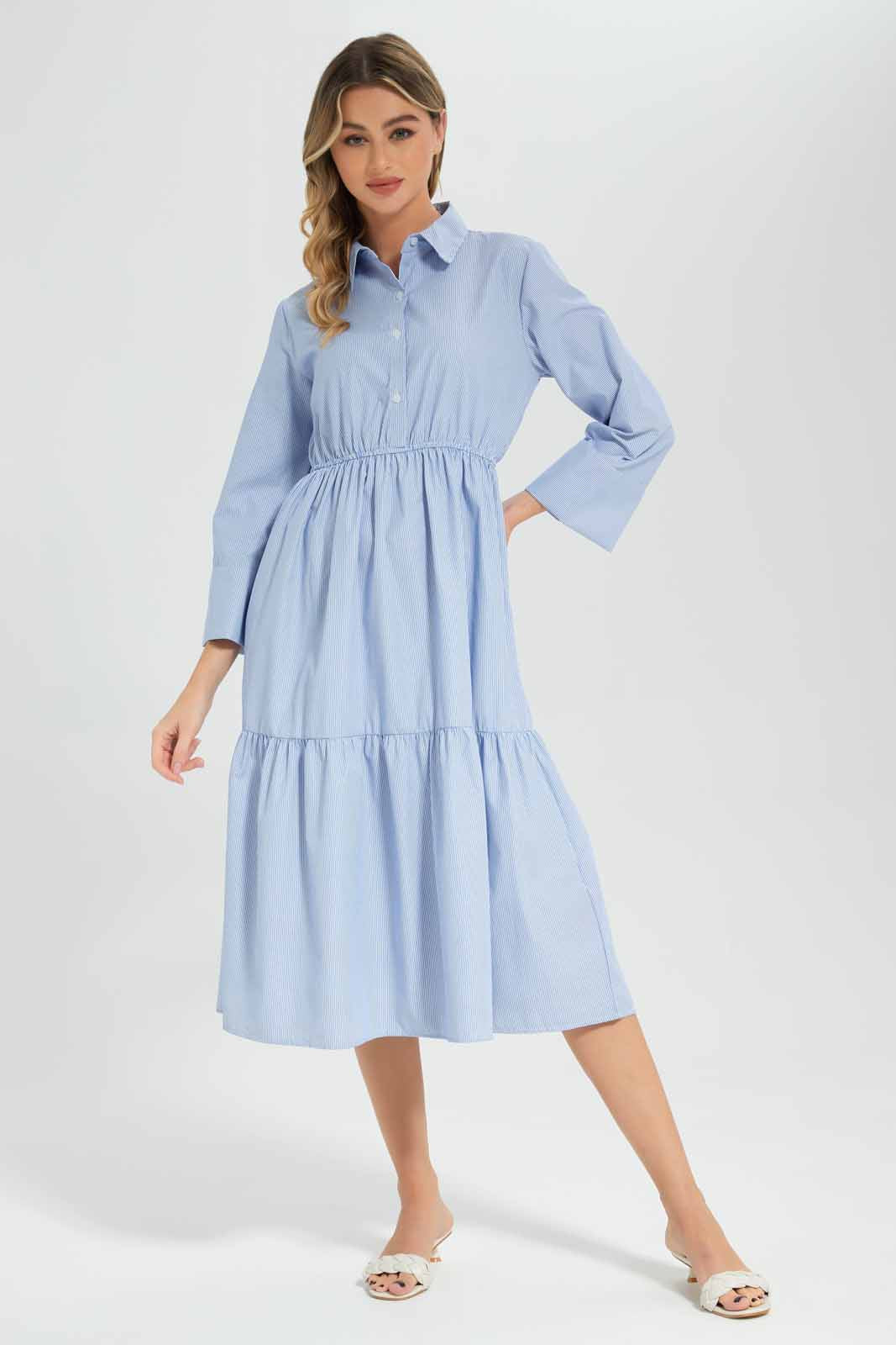 Redtag-Striped-Tiered-Dress-Category:Dresses,-Colour:Blue,-Deals:New-In,-Filter:Women's-Clothing,-New-In-Women-APL,-Non-Sale,-Section:Women,-W22A,-Women-Dresses-Women's-