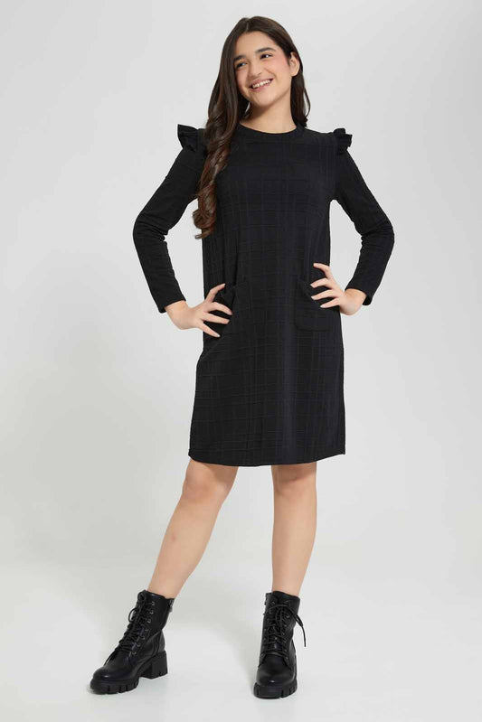 Redtag-Black-jacquard-dress-Category:Dresses,-Colour:Black,-Deals:New-In,-Filter:Senior-Girls-(8-to-14-Yrs),-GSR-Dresses,-New-In-GSR-APL,-Non-Sale,-Section:Girls-(0-to-14Yrs),-VLM,-W22B-Senior-Girls-9 to 14 Years