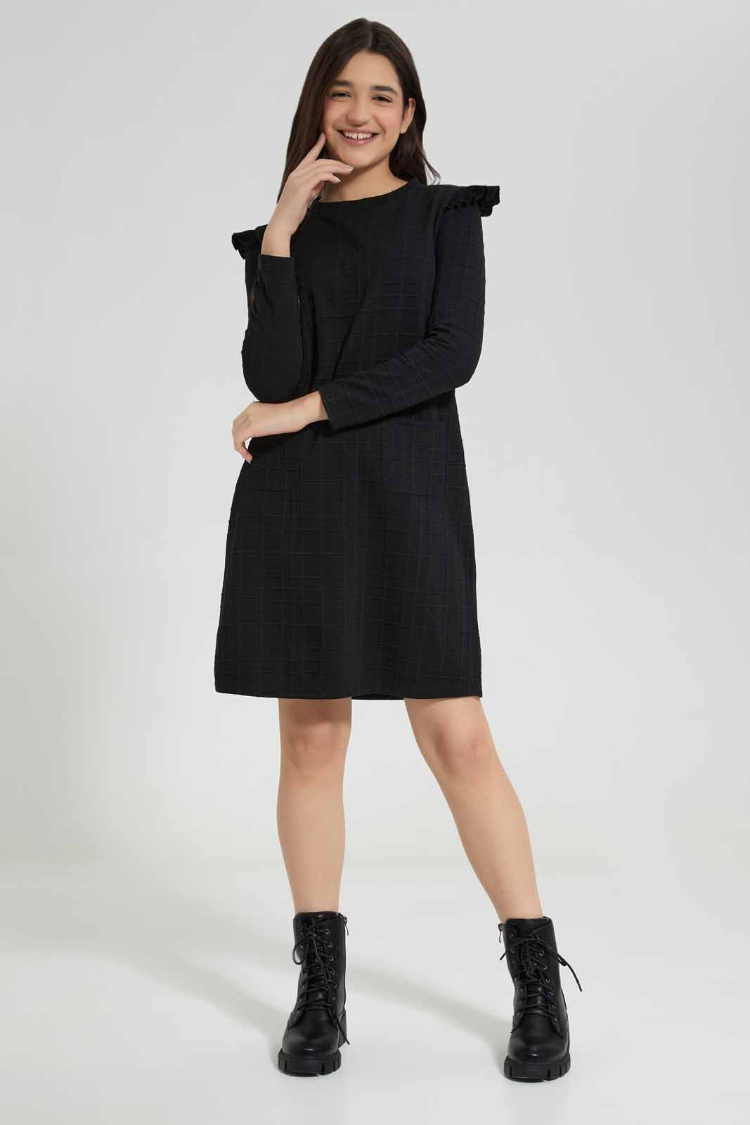 Redtag-Black-jacquard-dress-Category:Dresses,-Colour:Black,-Deals:New-In,-Filter:Senior-Girls-(8-to-14-Yrs),-GSR-Dresses,-New-In-GSR-APL,-Non-Sale,-Section:Girls-(0-to-14Yrs),-VLM,-W22B-Senior-Girls-9 to 14 Years