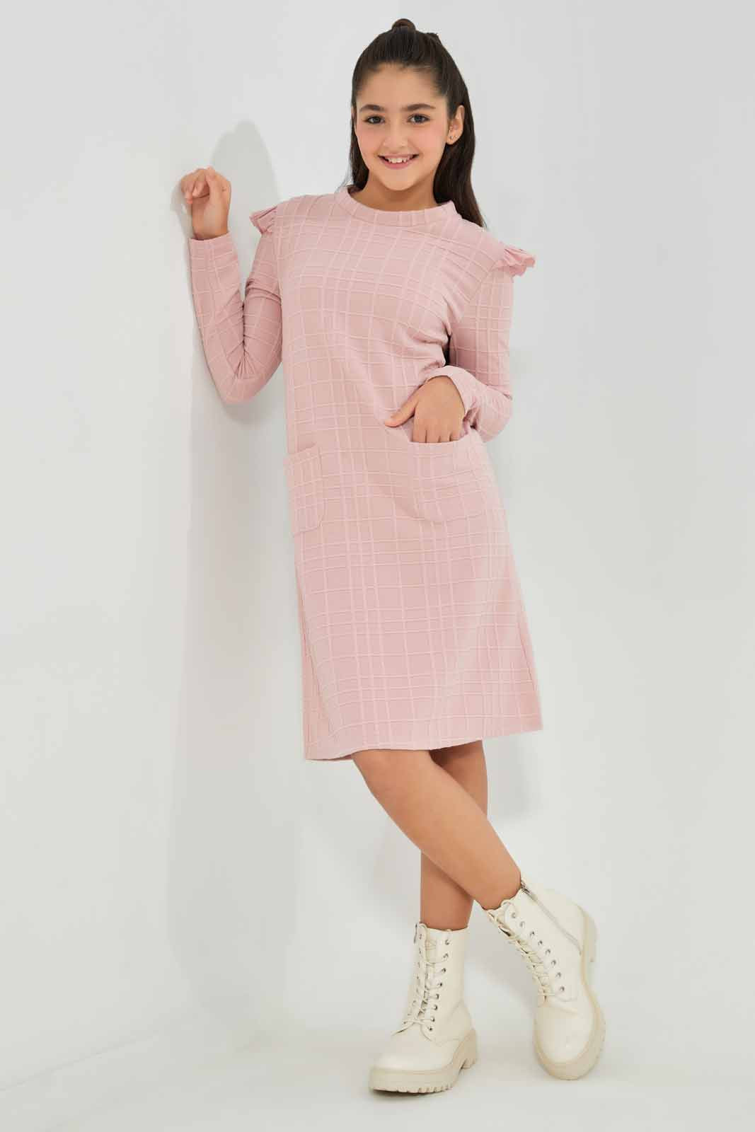 Redtag-Pink-jacquard-dress-Category:Dresses,-Colour:Apricot,-Deals:New-In,-Filter:Senior-Girls-(8-to-14-Yrs),-GSR-Dresses,-New-In-GSR-APL,-Non-Sale,-Section:Girls-(0-to-14Yrs),-VLM,-W22B-Senior-Girls-9 to 14 Years