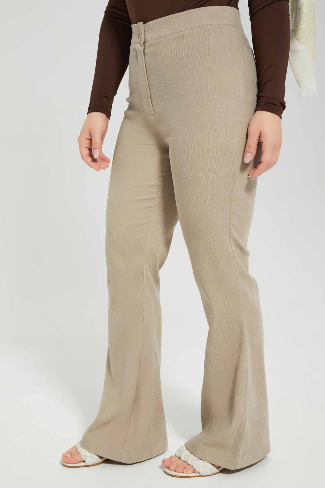 Redtag-Beige-Flared-Leg-Corduroy-Trousers-Category:Trousers,-Colour:Beige,-Deals:New-In,-Filter:Women's-Clothing,-LMC,-Modest,-New-In-Women-APL,-Non-Sale,-Section:Women,-W22B,-Women-Trousers--