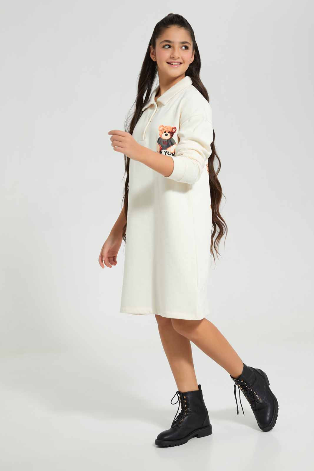 Redtag-Beige-Teddy-Bear-Sweatshirt-Dress-Category:Dresses,-Colour:Beige,-Deals:New-In,-Filter:Senior-Girls-(8-to-14-Yrs),-GSR-Dresses,-New-In-GSR-APL,-Non-Sale,-Section:Girls-(0-to-14Yrs),-W22B-Senior-Girls-9 to 14 Years