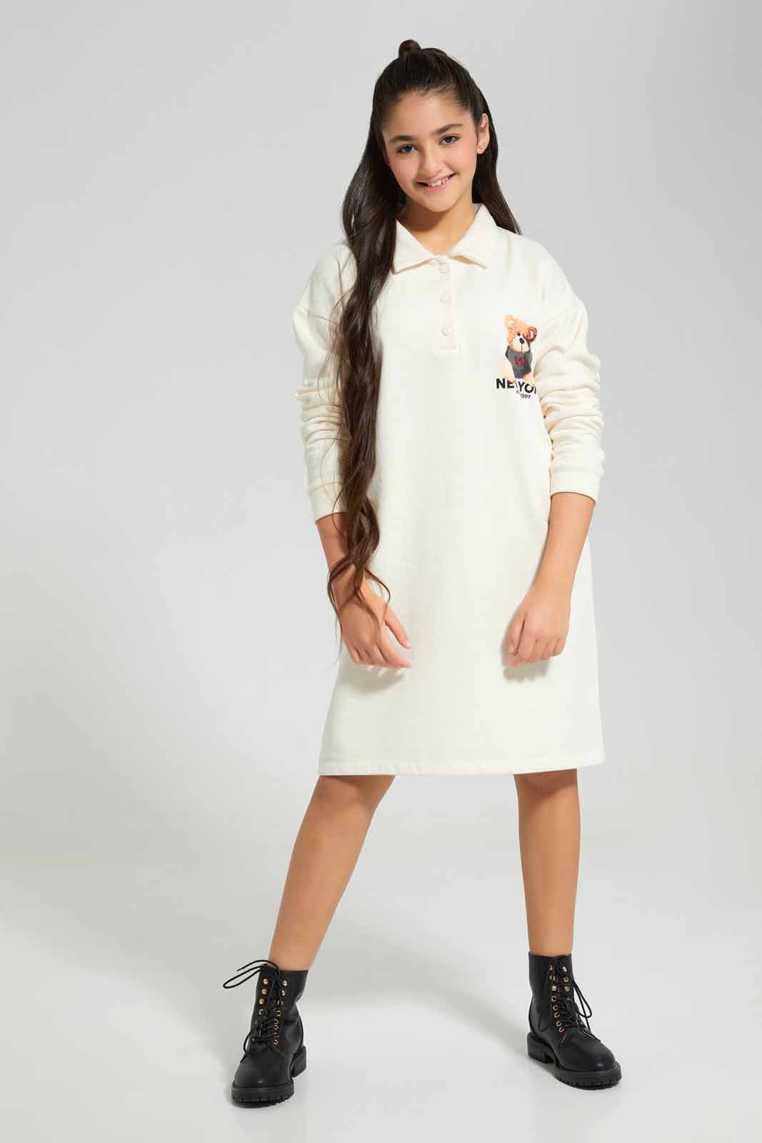 Redtag-Beige-Teddy-Bear-Sweatshirt-Dress-Category:Dresses,-Colour:Beige,-Deals:New-In,-Filter:Senior-Girls-(8-to-14-Yrs),-GSR-Dresses,-New-In-GSR-APL,-Non-Sale,-Section:Girls-(0-to-14Yrs),-W22B-Senior-Girls-9 to 14 Years