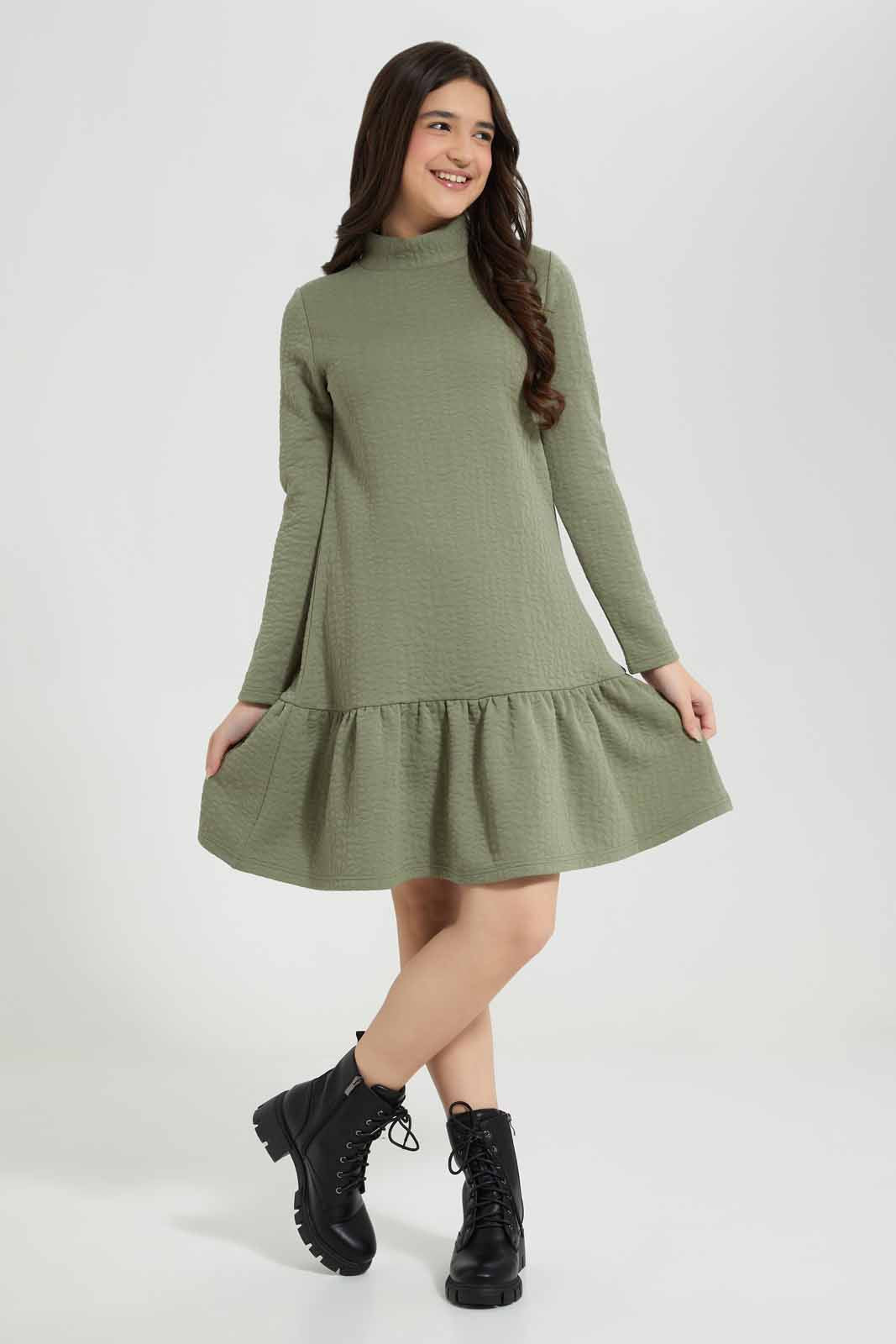 Redtag-Olive-Jacquard-Tiered-Dress-Category:Dresses,-Colour:Olive,-Deals:New-In,-Filter:Senior-Girls-(8-to-14-Yrs),-GSR-Dresses,-New-In-GSR-APL,-Non-Sale,-Section:Girls-(0-to-14Yrs),-W22B-Senior-Girls-9 to 14 Years