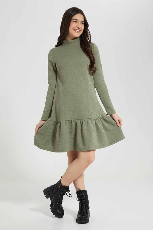 Redtag-Olive-Jacquard-Tiered-Dress-Category:Dresses,-Colour:Olive,-Deals:New-In,-Filter:Senior-Girls-(8-to-14-Yrs),-GSR-Dresses,-New-In-GSR-APL,-Non-Sale,-Section:Girls-(0-to-14Yrs),-W22B-Senior-Girls-9 to 14 Years