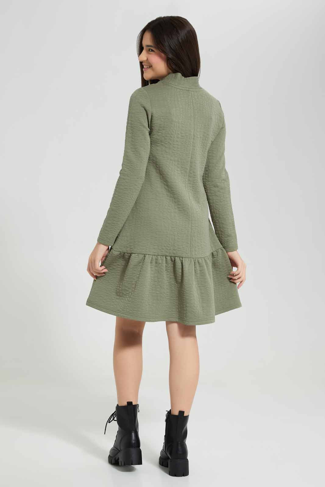 Redtag-Olive-Jacquard-Tiered-Dress-Category:Dresses,-Colour:Olive,-Deals:New-In,-Filter:Senior-Girls-(8-to-14-Yrs),-GSR-Dresses,-New-In-GSR-APL,-Non-Sale,-Section:Girls-(0-to-14Yrs),-W22B-Senior-Girls-9 to 14 Years