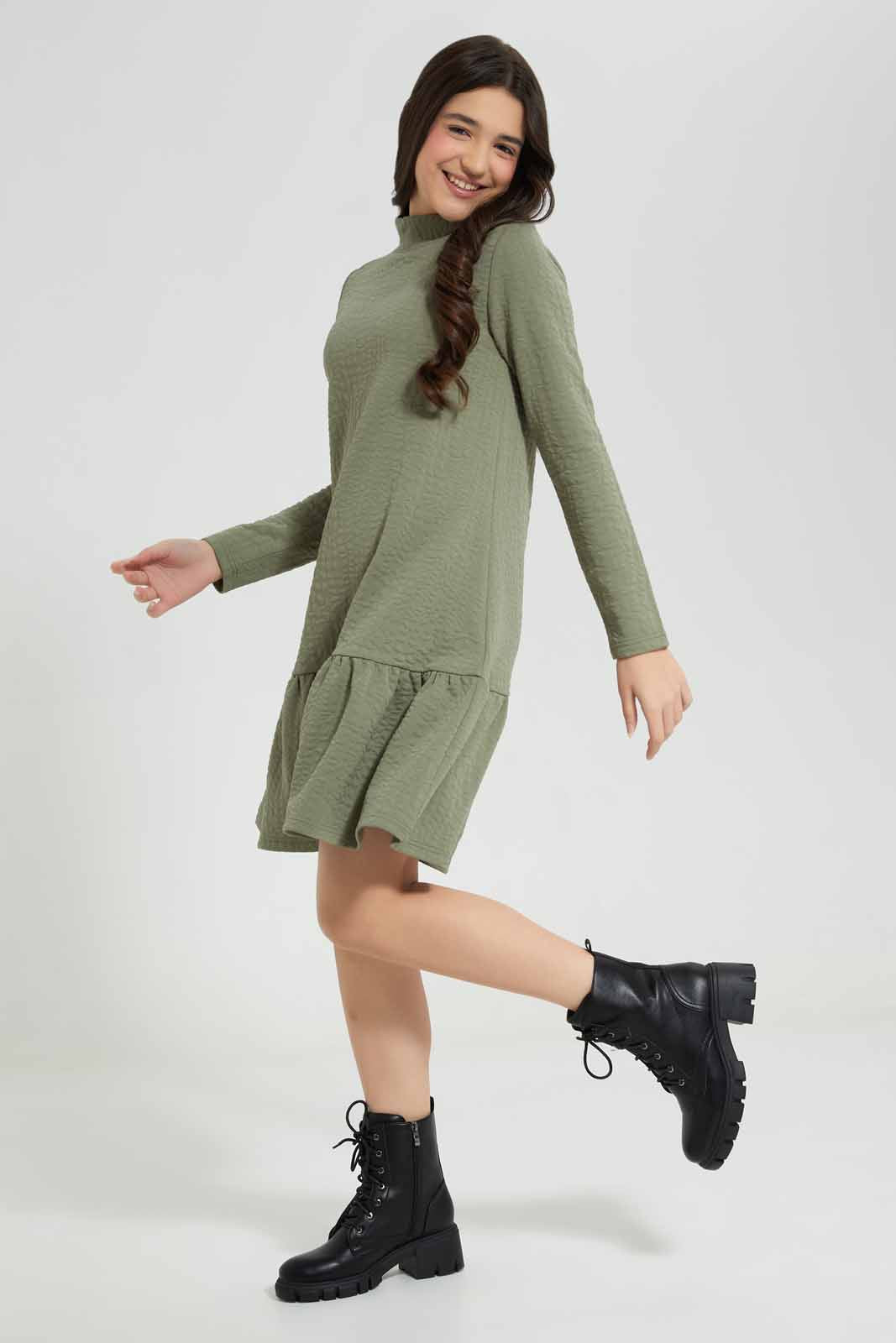 Redtag-Olive-Jacquard-Tiered-Dress-Category:Dresses,-Colour:Olive,-Deals:New-In,-Filter:Senior-Girls-(8-to-14-Yrs),-GSR-Dresses,-New-In-GSR-APL,-Non-Sale,-Section:Girls-(0-to-14Yrs),-W22B-Senior-Girls-9 to 14 Years