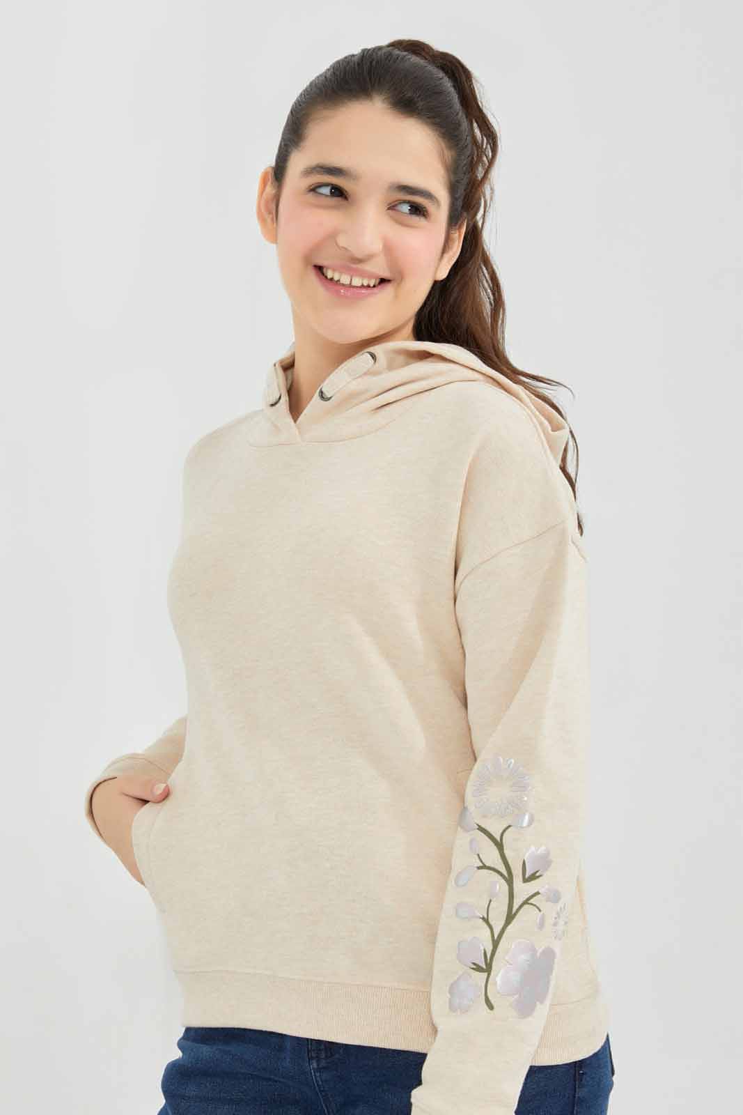 Redtag-Beige-Oatmeal-Melange-Hoody-With-Embroidery-Category:Sweatshirts,-Colour:Beige,-Deals:New-In,-Filter:Senior-Girls-(8-to-14-Yrs),-GSR-Sweatshirts,-New-In-GSR-APL,-Non-Sale,-Section:Girls-(0-to-14Yrs),-W22B-Senior-Girls-9 to 14 Years