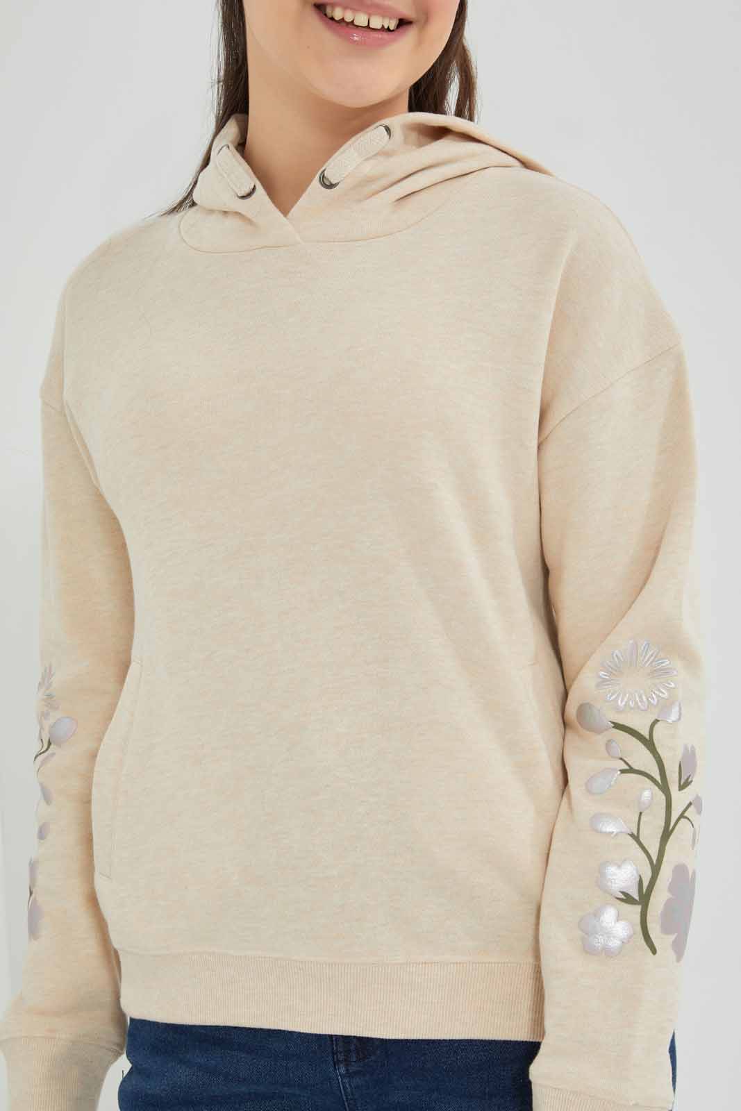 Redtag-Beige-Oatmeal-Melange-Hoody-With-Embroidery-Category:Sweatshirts,-Colour:Beige,-Deals:New-In,-Filter:Senior-Girls-(8-to-14-Yrs),-GSR-Sweatshirts,-New-In-GSR-APL,-Non-Sale,-Section:Girls-(0-to-14Yrs),-W22B-Senior-Girls-9 to 14 Years