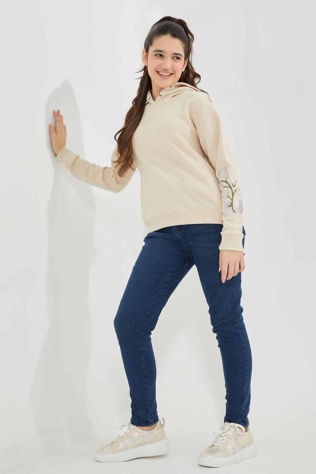 Redtag-Beige-Oatmeal-Melange-Hoody-With-Embroidery-Category:Sweatshirts,-Colour:Beige,-Deals:New-In,-Filter:Senior-Girls-(8-to-14-Yrs),-GSR-Sweatshirts,-New-In-GSR-APL,-Non-Sale,-Section:Girls-(0-to-14Yrs),-W22B-Senior-Girls-9 to 14 Years