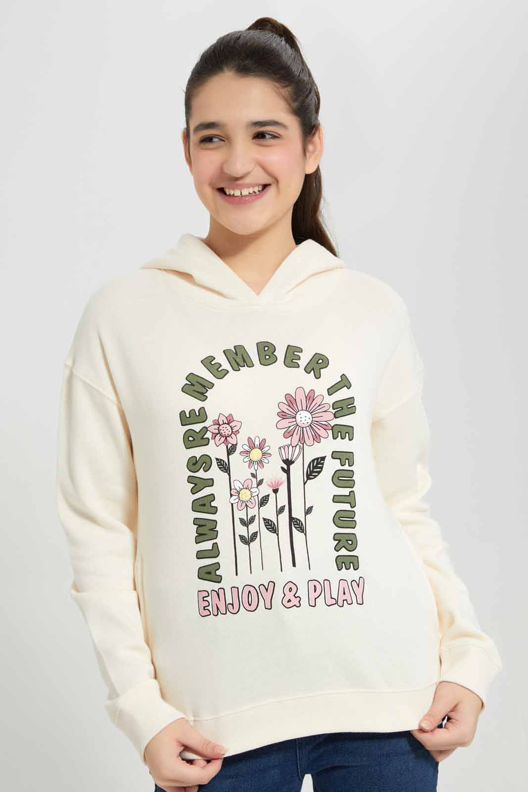 Redtag-Beige-Hoody-With-Print-Category:Sweatshirts,-Colour:Beige,-Deals:New-In,-Filter:Senior-Girls-(8-to-14-Yrs),-GSR-Sweatshirts,-New-In-GSR-APL,-Non-Sale,-Section:Girls-(0-to-14Yrs),-W22B-Senior-Girls-9 to 14 Years