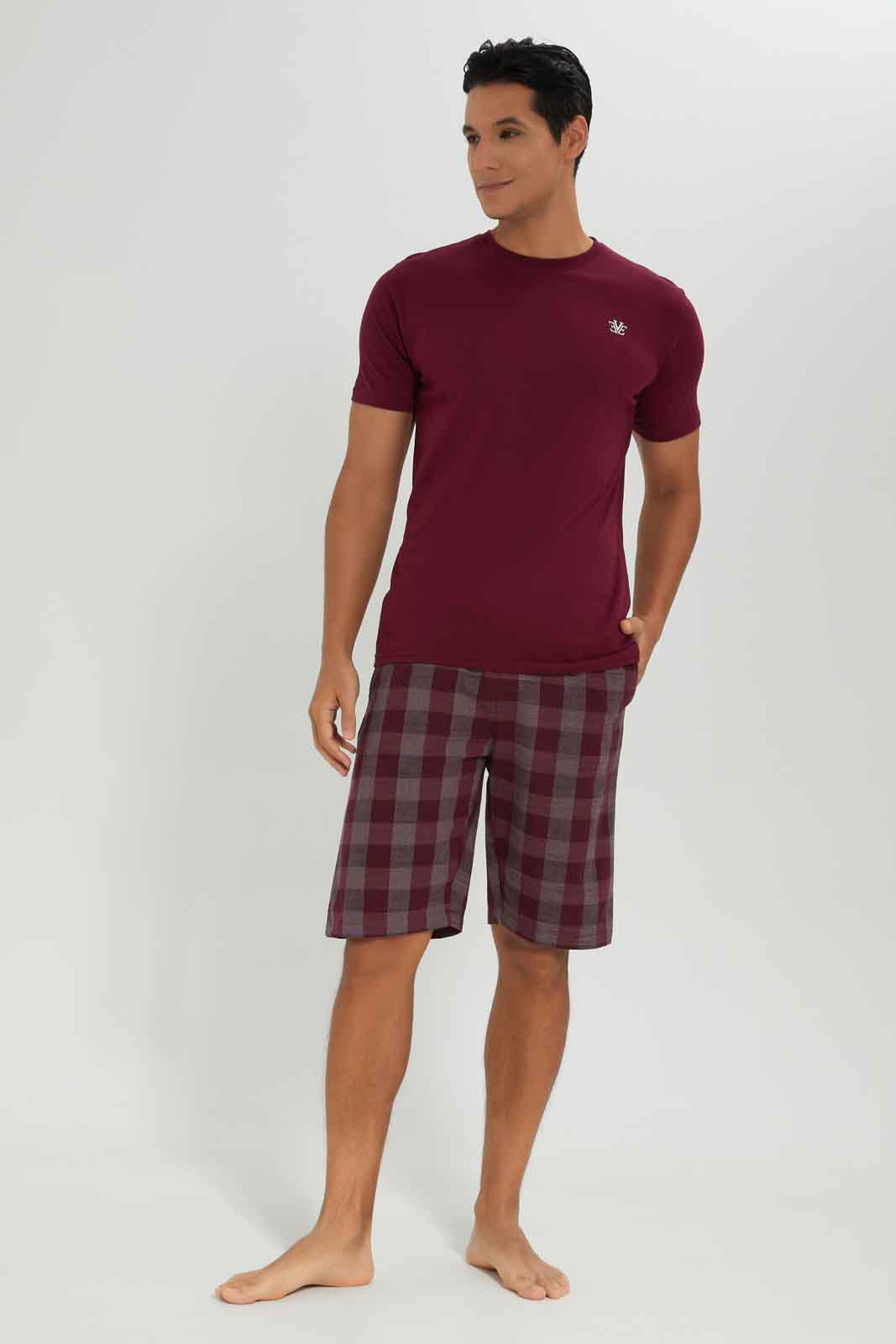 Redtag-Burgandy-Pyjama-Set-With-Check-Shorts-Category:Pyjama-Sets,-Colour:Burgundy,-Deals:New-In,-Dept:Menswear,-Filter:Men's-Clothing,-Men-Pyjama-Sets,-New-In-Men-APL,-Non-Sale,-Section:Men,-W22B-Men's-