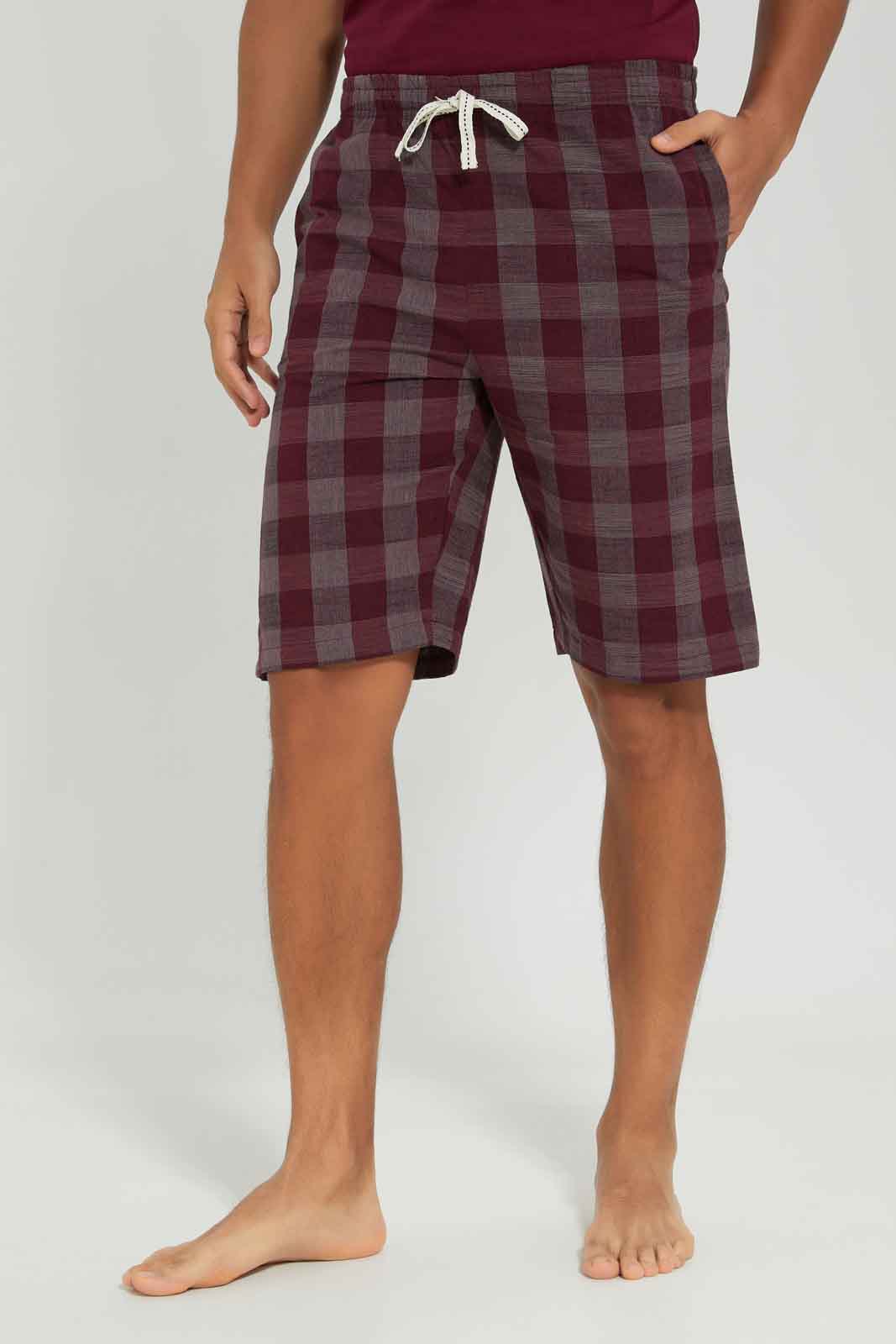 Redtag-Burgandy-Pyjama-Set-With-Check-Shorts-Category:Pyjama-Sets,-Colour:Burgundy,-Deals:New-In,-Dept:Menswear,-Filter:Men's-Clothing,-Men-Pyjama-Sets,-New-In-Men-APL,-Non-Sale,-Section:Men,-W22B-Men's-
