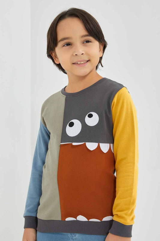 Redtag-Olive-Monster-Paneled-Sweatshirt-BOY-Sweatshirts,-Category:Sweatshirts,-Colour:Green,-Deals:New-In,-Filter:Boys-(2-to-8-Yrs),-New-In-BOY-APL,-Non-Sale,-Section:Boys-(0-to-14Yrs),-W22B-Boys-2 to 8 Years