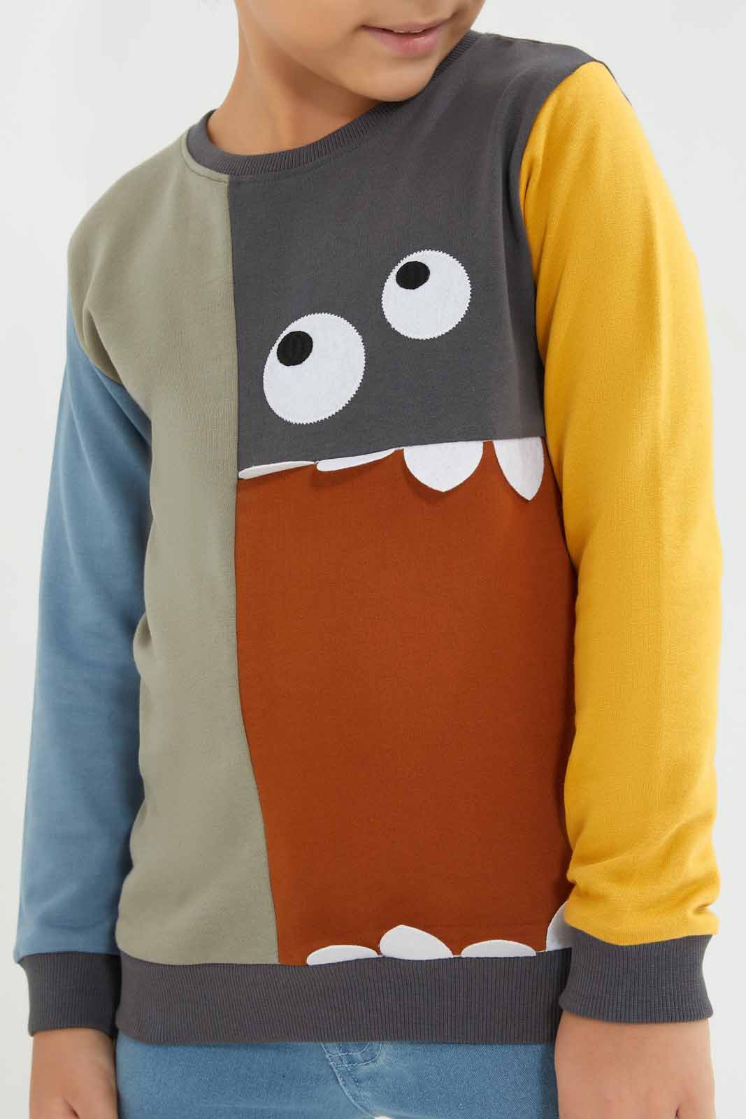 Redtag-Olive-Monster-Paneled-Sweatshirt-BOY-Sweatshirts,-Category:Sweatshirts,-Colour:Green,-Deals:New-In,-Filter:Boys-(2-to-8-Yrs),-New-In-BOY-APL,-Non-Sale,-Section:Boys-(0-to-14Yrs),-W22B-Boys-2 to 8 Years