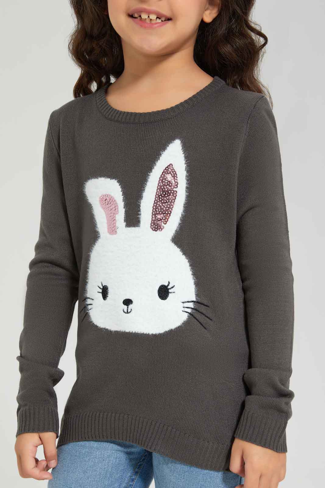 Redtag-Drak-Grey-Long-Sleeve-Pullover-With-Bunny-Category:Pullovers,-Colour:Charcoal,-Deals:New-In,-Dept:Girls,-Filter:Girls-(2-to-8-Yrs),-GIR-Pullovers,-New-In-GIR-APL,-Non-Sale,-Section:Girls-(0-to-14Yrs),-W22B-Girls-2 to 8 Years