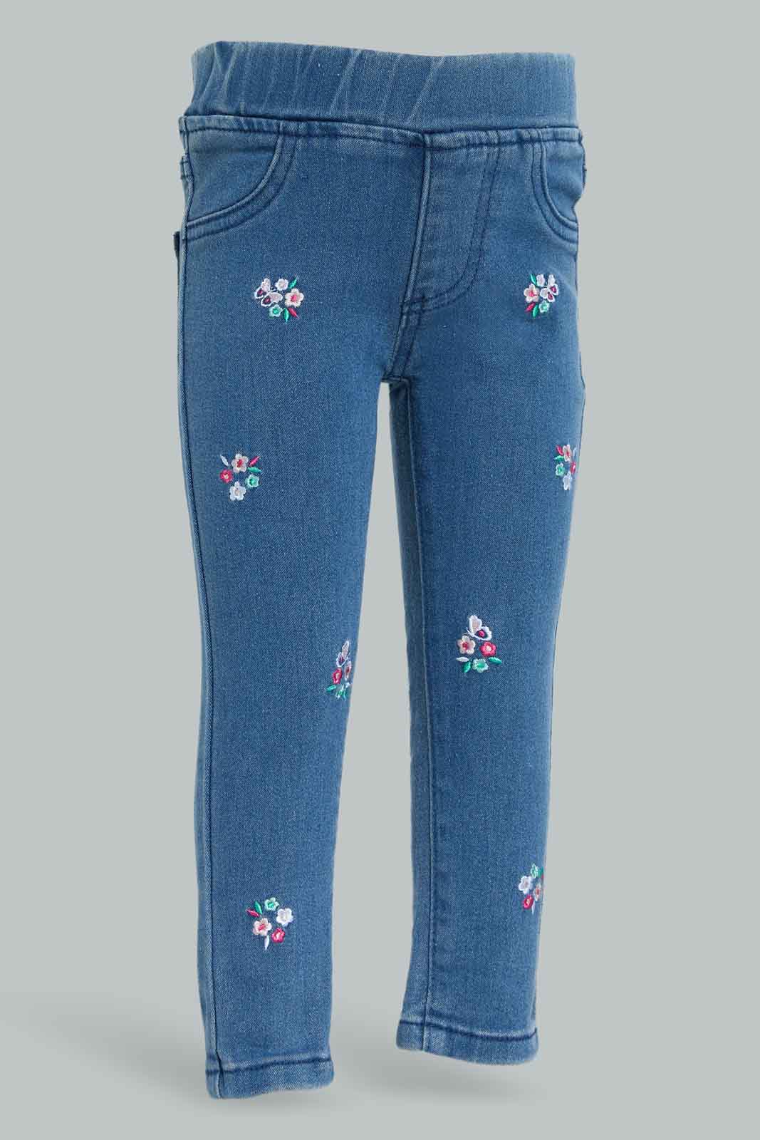 Redtag-Blue-Floral-Embroidery-Jeggings-Category:Jeggings,-Colour:Blue,-Deals:New-In,-Dept:Girls,-Filter:Infant-Girls-(3-to-24-Mths),-ING-Jeggings,-New-In-ING-APL,-Non-Sale,-Section:Girls-(0-to-14Yrs),-W22B-Infant-Girls-3 to 24 Months