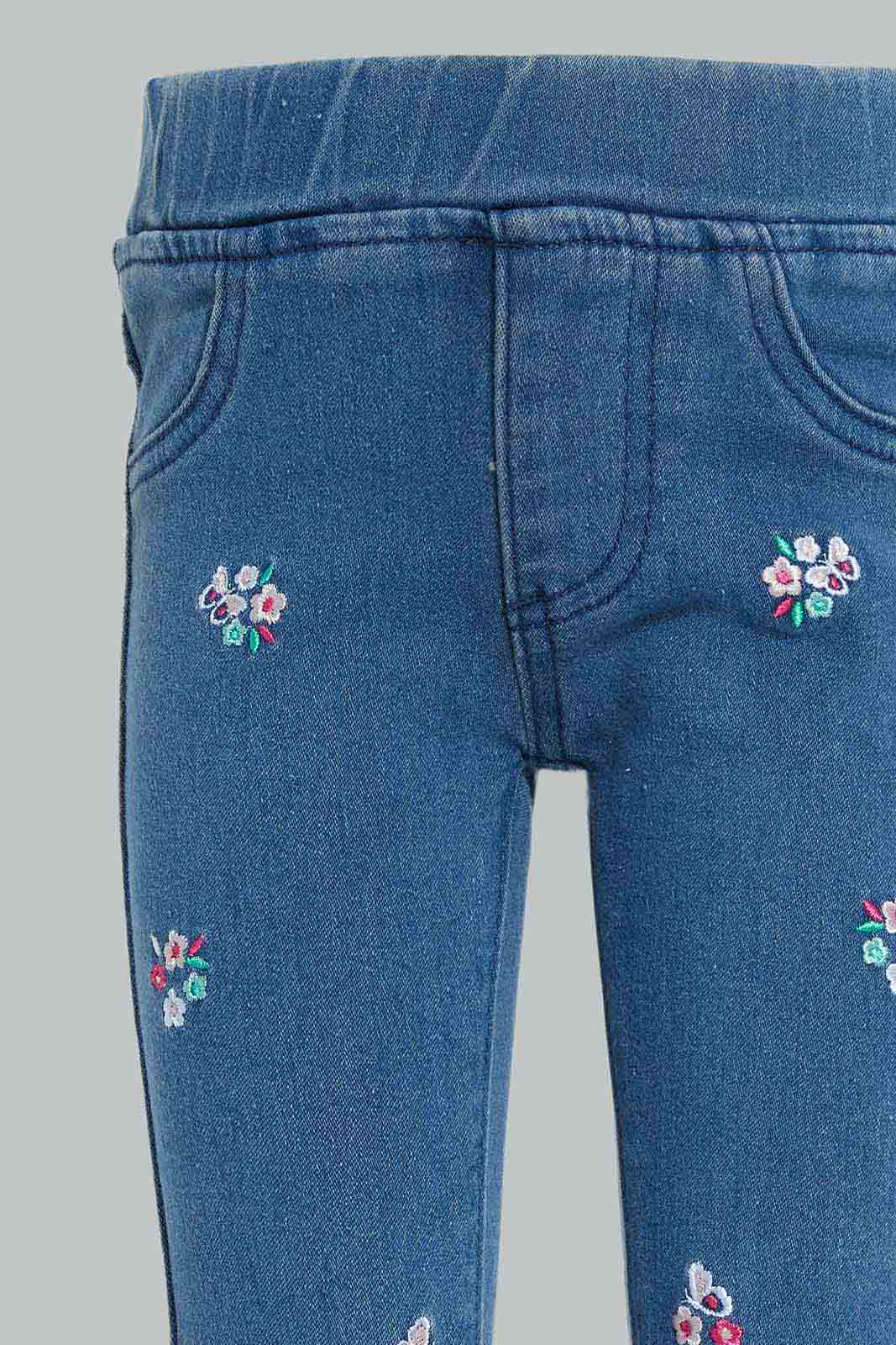 Redtag-Blue-Floral-Embroidery-Jeggings-Category:Jeggings,-Colour:Blue,-Deals:New-In,-Dept:Girls,-Filter:Infant-Girls-(3-to-24-Mths),-ING-Jeggings,-New-In-ING-APL,-Non-Sale,-Section:Girls-(0-to-14Yrs),-W22B-Infant-Girls-3 to 24 Months