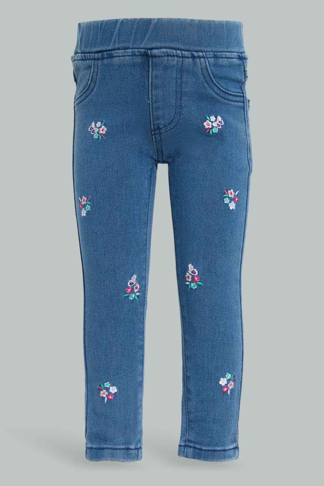 Redtag-Blue-Floral-Embroidery-Jeggings-Category:Jeggings,-Colour:Blue,-Deals:New-In,-Dept:Girls,-Filter:Infant-Girls-(3-to-24-Mths),-ING-Jeggings,-New-In-ING-APL,-Non-Sale,-Section:Girls-(0-to-14Yrs),-W22B-Infant-Girls-3 to 24 Months