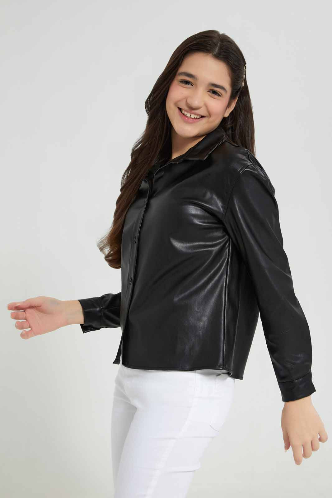 Redtag-Black-PU-Shirt-Category:Blouses,-Colour:Black,-Deals:New-In,-Filter:Senior-Girls-(8-to-14-Yrs),-GSR-Blouses,-New-In-GSR-APL,-Non-Sale,-Section:Girls-(0-to-14Yrs),-W22B-Senior-Girls-9 to 14 Years