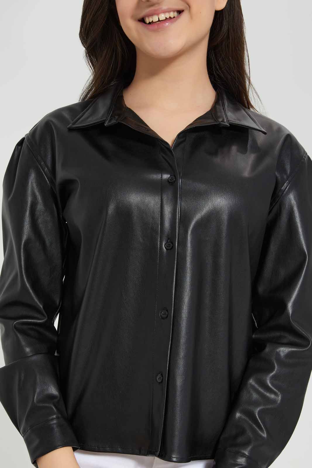 Redtag-Black-PU-Shirt-Category:Blouses,-Colour:Black,-Deals:New-In,-Filter:Senior-Girls-(8-to-14-Yrs),-GSR-Blouses,-New-In-GSR-APL,-Non-Sale,-Section:Girls-(0-to-14Yrs),-W22B-Senior-Girls-9 to 14 Years