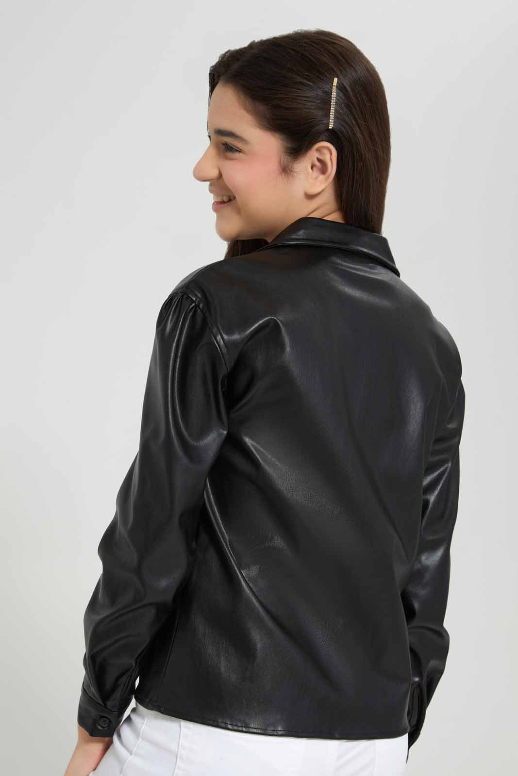 Redtag-Black-PU-Shirt-Category:Blouses,-Colour:Black,-Deals:New-In,-Filter:Senior-Girls-(8-to-14-Yrs),-GSR-Blouses,-New-In-GSR-APL,-Non-Sale,-Section:Girls-(0-to-14Yrs),-W22B-Senior-Girls-9 to 14 Years