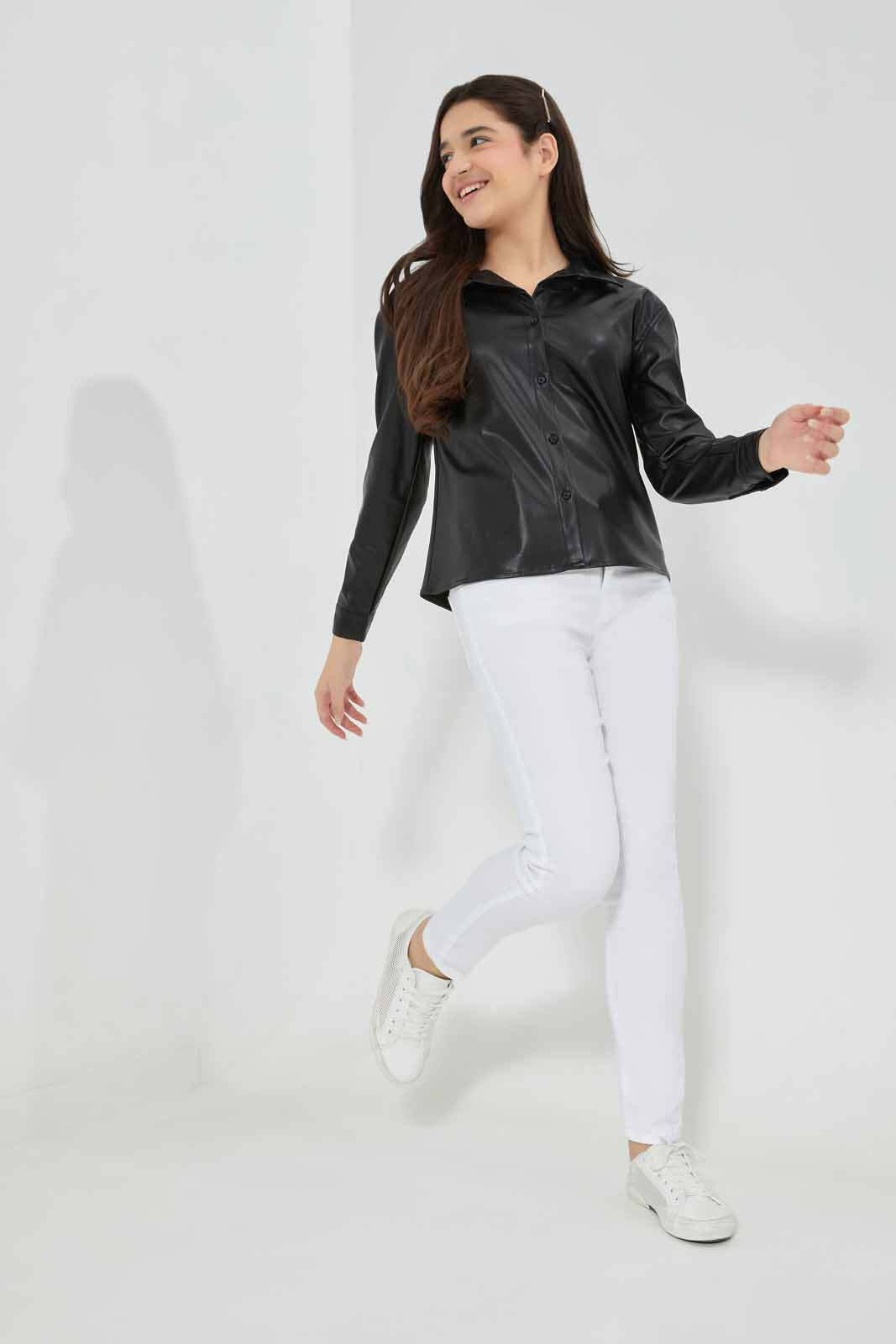 Redtag-Black-PU-Shirt-Category:Blouses,-Colour:Black,-Deals:New-In,-Filter:Senior-Girls-(8-to-14-Yrs),-GSR-Blouses,-New-In-GSR-APL,-Non-Sale,-Section:Girls-(0-to-14Yrs),-W22B-Senior-Girls-9 to 14 Years
