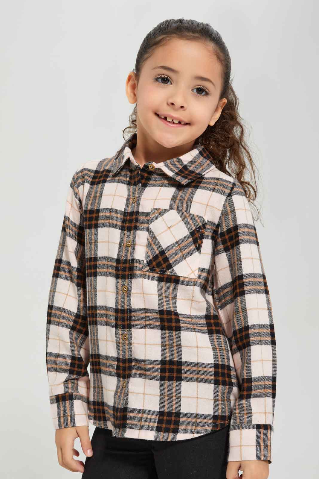 Redtag-Pink-yarn-Dyed-Check-Collar-Shirt-Category:Blouses,-Colour:Apricot,-Deals:New-In,-Dept:Girls,-Filter:Girls-(2-to-8-Yrs),-GIR-Blouses,-New-In-GIR-APL,-Non-Sale,-Section:Girls-(0-to-14Yrs),-W22B-Girls-2 to 8 Years
